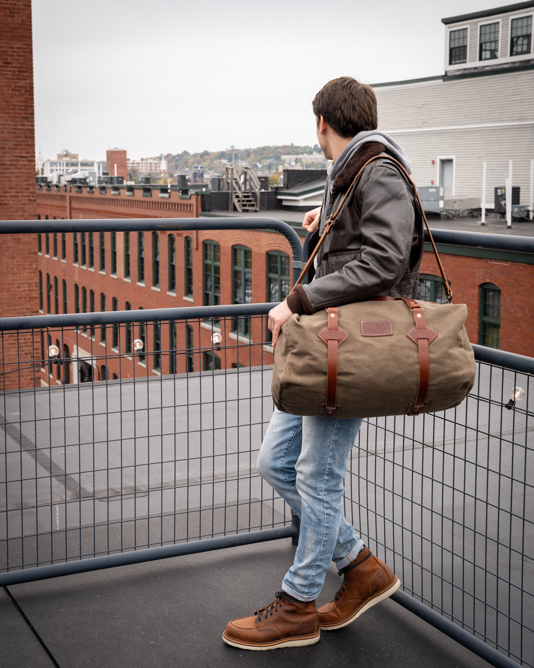 Waxed canvas and 2024 leather duffle bag